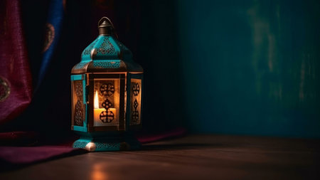 A teal lantern with a lit candle inside, sitting on a wooden table. The lantern is ornate, with...