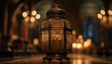 An ornate lantern with intricate designs sits on a table in a dimly lit setting. The lantern emits a...