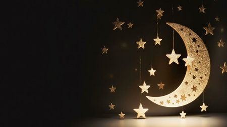 A golden crescent moon with a shimmering glitter finish hangs against a dark background surrounded by smaller glittering stars.の写真素材