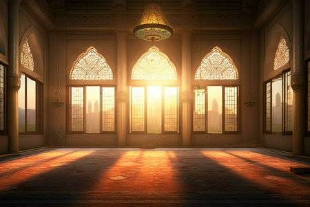 A serene and peaceful scene inside a mosque, where sunlight streams through intricately windows, casting a warm glow on the empty room. The design emphasizes the spiritual and architectural beauty of Islamic places of worship.の写真素材