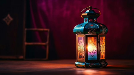 A decorative lantern with intricate details sits on a wooden surface, illuminating the scene with warm candlelight.の写真素材
