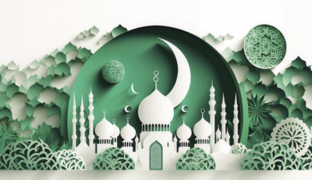 A digital art piece that features a papercut illustration of a mosque, a crescent moon, and other Islamic symbols. The design is green and white, with intricate details.の写真素材