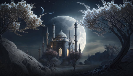 A magical castle stands tall under a full moon, surrounded by trees and rocks in a dreamlike setting.の写真素材