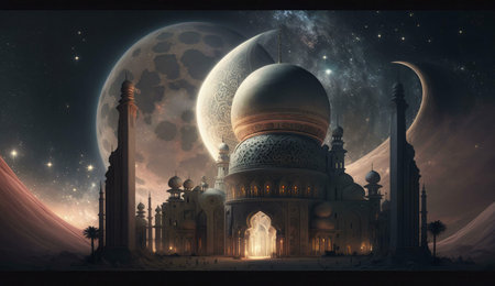 A majestic mosque stands tall under a starry night sky, illuminated by the glow of the moon. The scene evokes a sense of wonder and spirituality.の写真素材