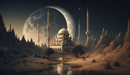 A mosque with minarets stands tall in a desert landscape under a large crescent moon and starry sky. The scene evokes a sense of mystique and spirituality, with the mosque as a symbol of faith and the moon as a celestial wonder.の写真素材
