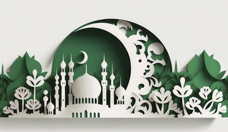 A beautiful paper cut-out artwork depicting a mosque intricately with floral details and a crescent moon.の写真素材