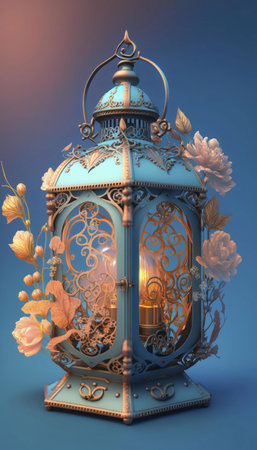 A close-up of an ornate lantern with intricately floral accents. The lantern has a delicate blue and...