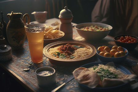 A table setting with an array of Middle Eastern dishes, including a large plate of pasta, a bowl of fruit, and several bowls of appetizers.の写真素材