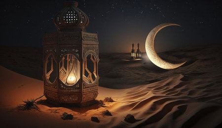 A traditional lantern glows brightly in the desert under a crescent moon, representing the spirit of Ramadan.の写真素材