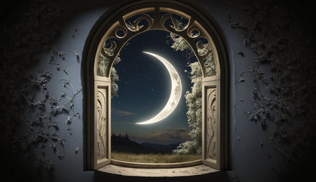 A view of a crescent moon and stars through a window with intricate carvings. The window is set in a rustic stone wall and the night sky is dark with a hint of blue.の写真素材