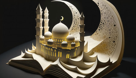 A intricately papercut art of a mosque, with a crescent moon above it, displayed on an open book.の写真素材