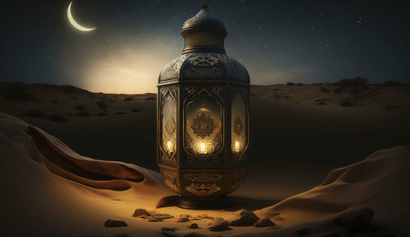 A beautiful lantern sits on the sand dunes of the desert under a starry night with a crescent moon in the sky.の写真素材