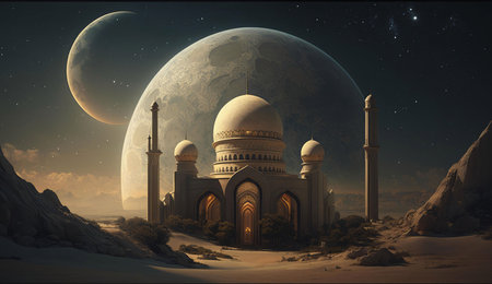 A mosque stands tall in the desert under a starry sky, illuminated by the glow of the moon. The scene evokes a sense of peace and tranquility.の写真素材