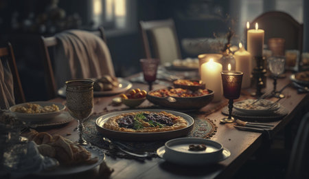 A beautifully set dinner table with candlelight and delicious food, creating a warm and cozy atmosphere for a special occasion.の写真素材