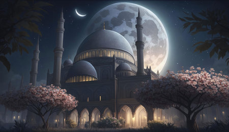 A majestic mosque bathed in the soft glow of moonlight, its intricate details illuminated against a star-studded night sky.の写真素材