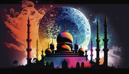 A digital illustration depicting a mosque under a night sky filled with stars and a colorful moon. The mosque's silhouette is highlighted against a vibrant backdrop, symbolizing spiritual and religious devotion.の写真素材