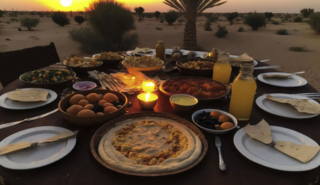 A table laden with a delicious spread of Middle Eastern cuisine is set in the desert at sunset. The warm light casts a golden glow on the food and the surrounding landscape.の写真素材