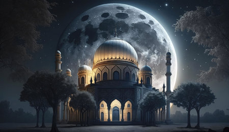A beautiful mosque stands illuminated under a full moon in a night sky filled with stars. The scene creates a sense of peace and tranquility.の写真素材
