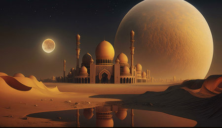 A surreal depiction of a mosque in a desert under a giant, luminous moon.の写真素材
