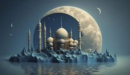 A majestic mosque stands tall on a rocky island, illuminated by a giant crescent moon in a surreal nightscape.の写真素材
