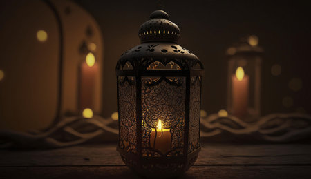 A close-up shot of an ornate metal lantern with a lit candle inside, set against a dark background...