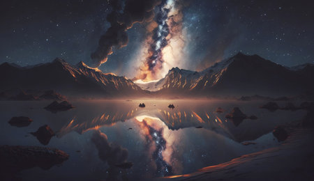 A breathtaking view of the Milky Way reflected in a still mountain lake, capturing the beauty of the...