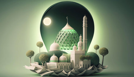 A 3D illustration of a mosque with a crescent moon, surrounded by trees and a soft, green background.の写真素材