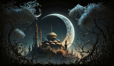 A magical castle illuminated by a crescent moon, surrounded by trees, against a dark night sky. The scene is filled with a sense of wonder and mystery.の写真素材