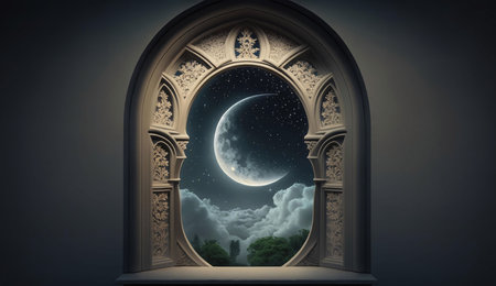 A crescent moon shines brightly through an ornately carved stone arch window, creating a magical and serene scene.の写真素材