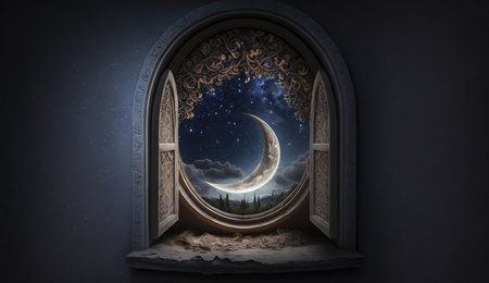 A crescent moon hangs in the night sky as seen through an ornate arched window. The window is intricately carved and framed by stone. The scene evokes a sense of wonder, mystery, and serenity.の写真素材