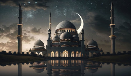 A beautiful mosque stands tall under a crescent moon and starry sky. It's reflected in the still water, creating a peaceful and serene atmosphere.の写真素材