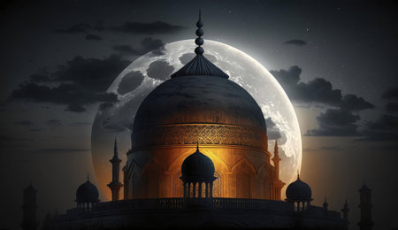 A majestic mosque stands tall against the backdrop of a full moon, its silhouette illuminated by a soft golden glow, creating a serene and mystical atmosphere.の写真素材