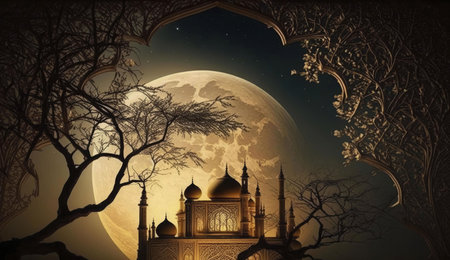 A mystical palace bathed in moonlight with an enchanting atmosphere.の写真素材