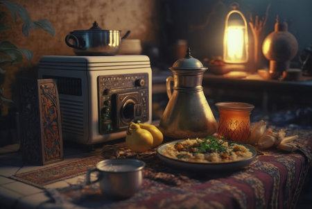 A close-up still life of a traditional Turkish dinner table, featuring a delicious meal with a warm glow of the setting sun.の写真素材