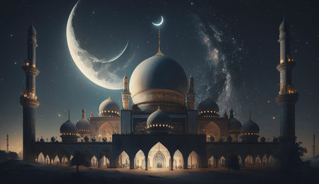 A grand mosque stands illuminated against a night sky, the crescent moon and stars shining brightly above. The mosque's white walls and golden accents create a beautiful contrast with the deep blue sky.の写真素材