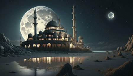 A majestic mosque stands tall under a full moon, its illuminated arches reflecting in the tranquil water.の写真素材