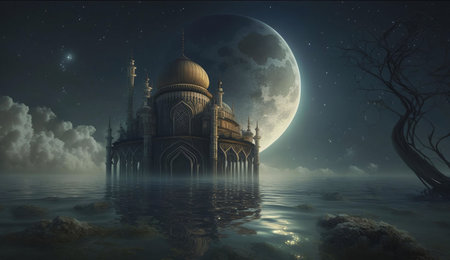 A mysterious palace stands alone in the water, illuminated by a full moon and surrounded by a peaceful, misty atmosphere.の写真素材