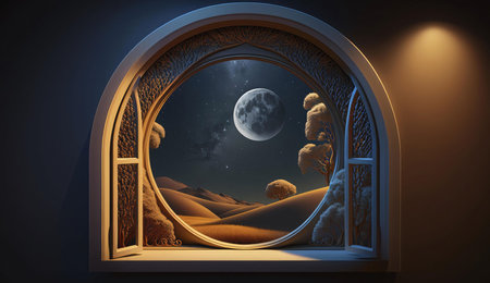 A window with a round frame reveals a beautiful night sky with a full moon and stars, surrounded by...