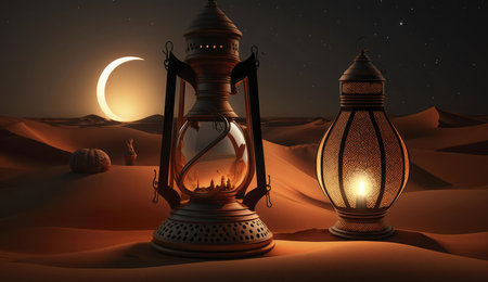 Two lanterns stand in a desert landscape with a crescent moon and stars in the night sky.の写真素材