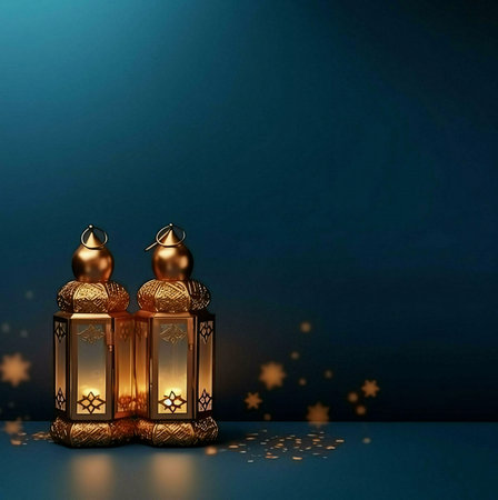 Two golden lanterns with intricate designs and lit candles, standing on a dark blue surface. They are symbols of Ramadan and Islamic tradition, representing light, peace, and harmony.の写真素材