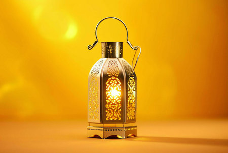 A golden lantern with patterns is intricately illuminated against a yellow background.の写真素材