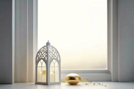 A white lantern with details sits intricately on a window sill, illuminating a golden egg and a...