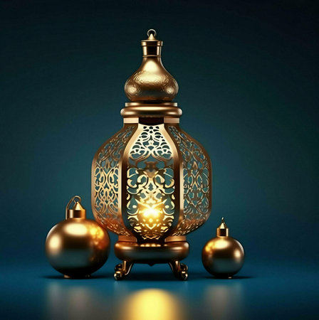 An ornate golden lantern with intricate designs stands on a dark blue background, surrounded by two...