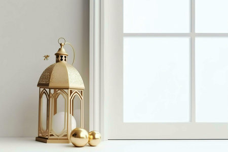 A golden lantern with ornate details sits on a white surface in front of a window. Two golden orbs rest beside the lantern.の写真素材