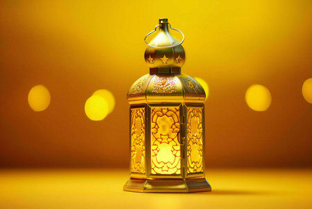 A golden lantern with intricate detailing sits against a yellow background, highlighting its beauty and capturing the essence of festive celebrations.の写真素材