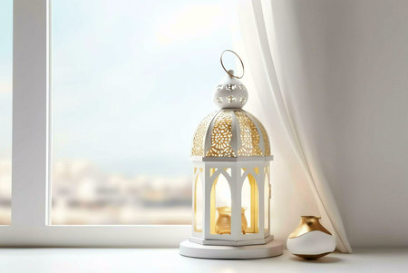 A white, ornate lantern with gold accents sits on a windowsill, illuminated by a candle inside. The lantern is a traditional symbol of Islam and Ramadan, representing light and hope.の写真素材