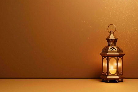 An ornate golden lantern with a lit candle sits against a warm golden background. The lantern's...