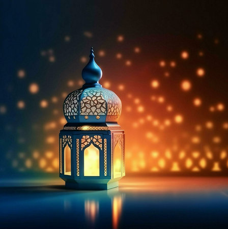 A traditional lantern with intricate patterns and glowing lights, creating a festive and warm...