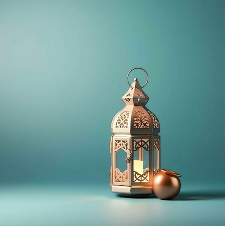 A ornate lantern with intricate detailing, lit by a candle, stands on a blue background. Next to the lantern lies a golden orb, adding a touch of sparkle and refinement.の写真素材