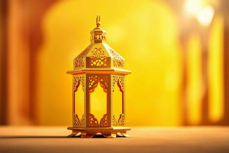 A golden lantern with intricate design, symbolizing the spirit of Ramadanの写真素材